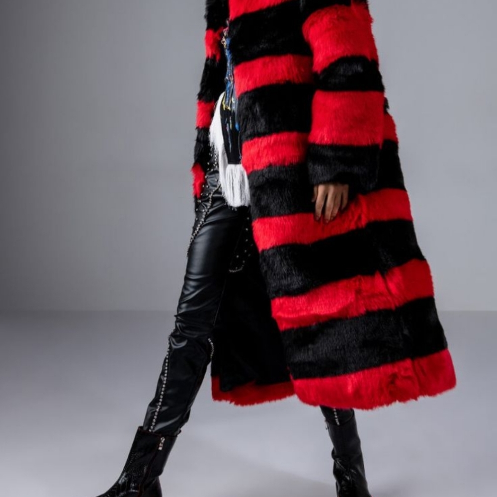 REDDY FOR IT RED AND BLACK FAUX FUR LONG JACKET